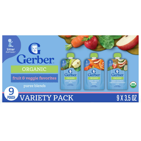 Gerber Stage 2 Baby Food, Fruit and Veggie Puree Variety Pack, 3.5 oz, 9 Count