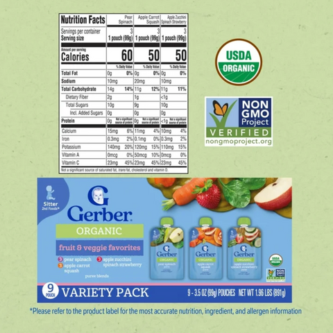 Gerber Stage 2 Baby Food, Fruit and Veggie Puree Variety Pack, 3.5 oz, 9 Count