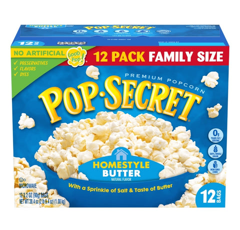 Pop Secret Family Size Popcorn, Homestyle Butter, 12 Ct