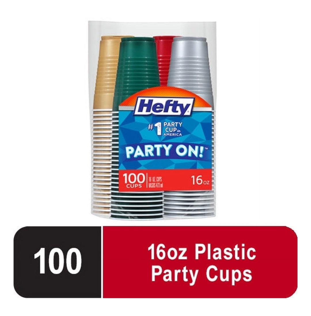 Hefty Party On Disposable Plastic Cups, Assorted, 16 Ounce, 100