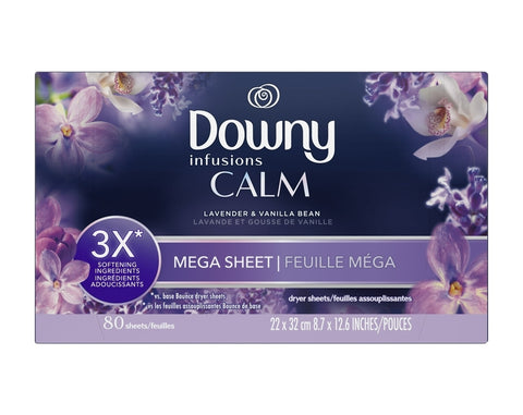 Downy Infusions Mega Dryer Sheets, Calm, Lavender & Vanilla Bean, 80 ct