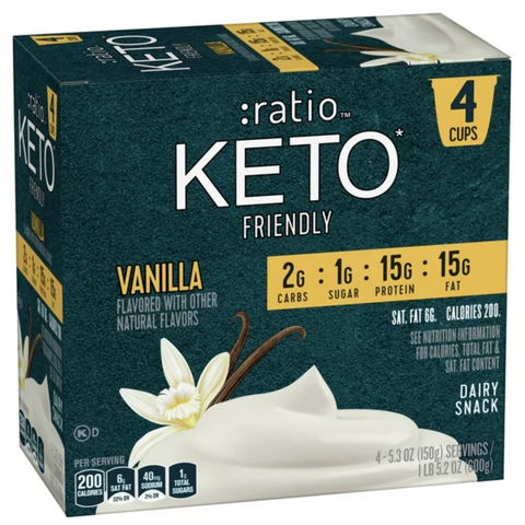 Ratio Keto Friendly Yogurt Cultured Dairy Snack Cups, Vanilla, 5.3 oz., 4 Count