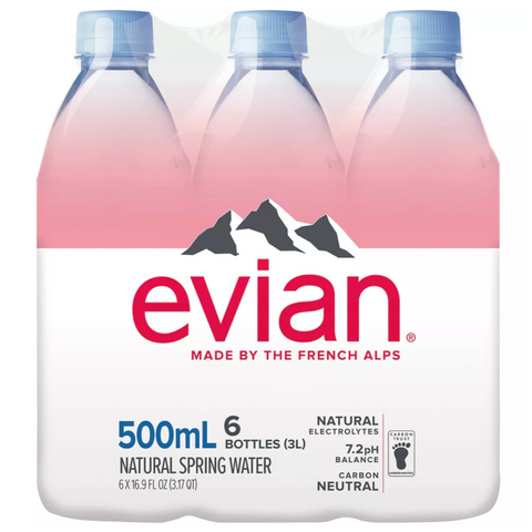 Evian Natural Spring Water, 0.5L, 6 Count