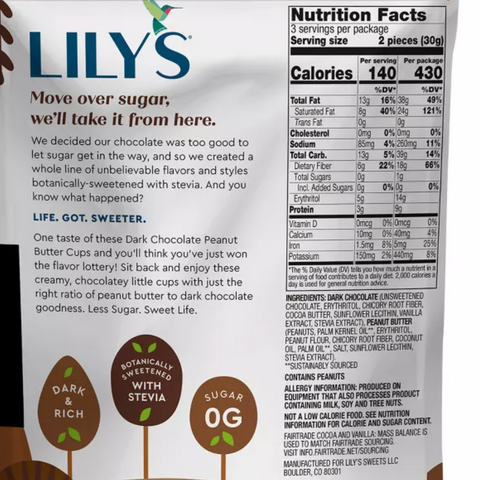 Lily's Dark Chocolate Peanut Butter No Sugar Added Cups, 3.2oz