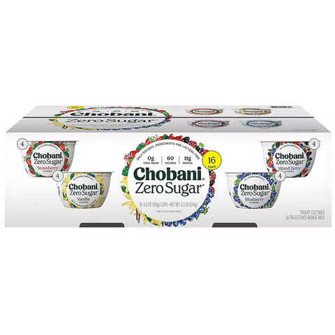 Chobani Zero Sugar Greek Yogurt Variety Pack, 5.3 oz., 16 Count