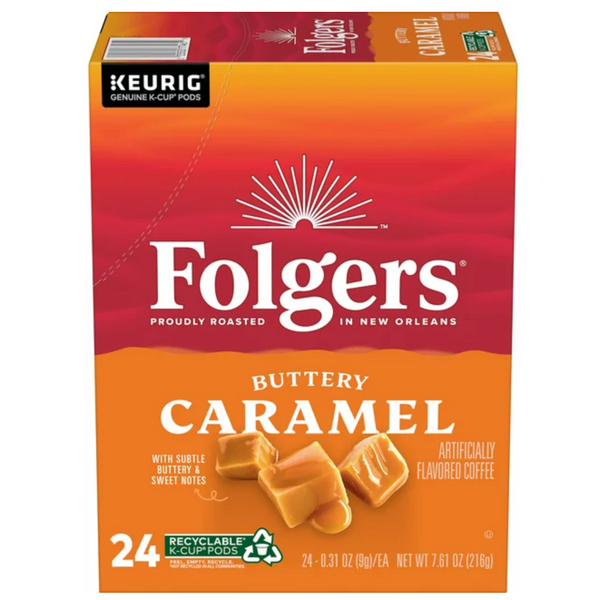Folgers Caramel Drizzle Flavored Ground Coffee, K Cup Pods for Keurig, 24 Count