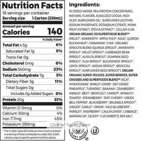 Orgain Plant-Based Protein Shake Chocolate, 11 fl oz, 18 Count