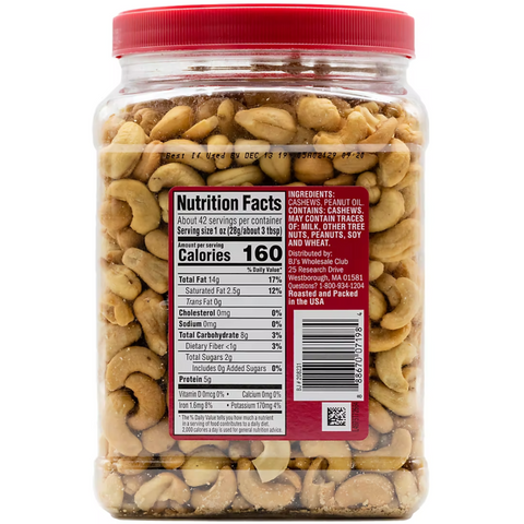 Wellsley Farms Whole Fancy Unsalted Roasted Cashews, 42 oz.