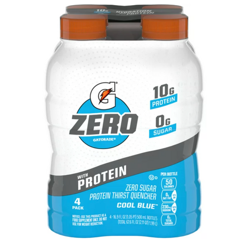 Gatorade Zero Sugar with Protein Sports Drink, Cool Blue, 16.9 oz, 4 Pack