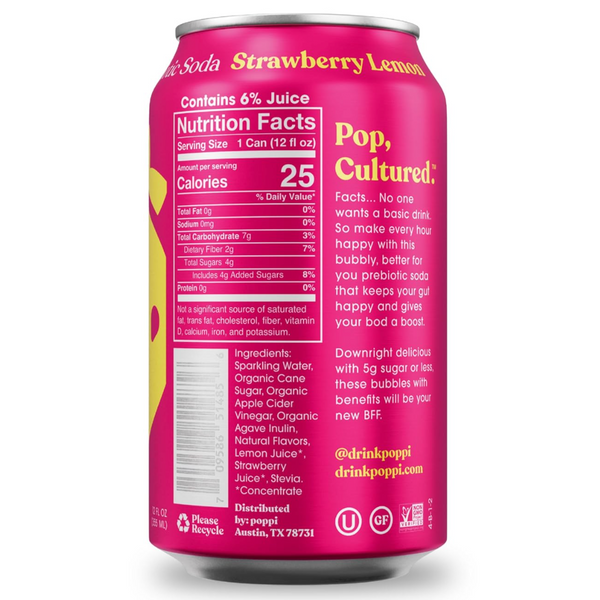 Poppi Strawberry Lemon Prebiotic Soda, 12 fl oz, 4 Count