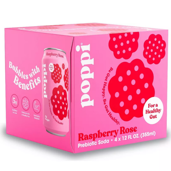 Poppi Raspberry Rose Prebiotic Soda, 12 fl oz, 4 Count