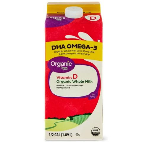 Great Value Organic Whole Milk with DHA Omega-3, Half Gallon