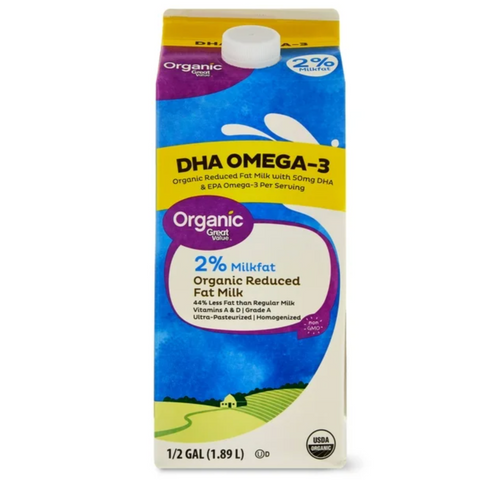 Great Value Organic Reduced Fat 2% Milk with DHA Omega-3, Half Gallon