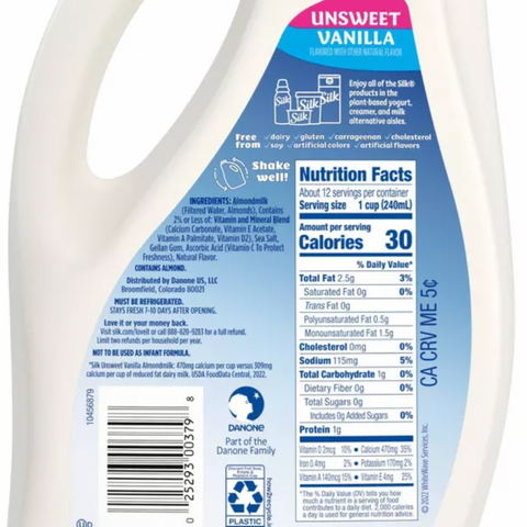 Silk Unsweetened Vanilla Almond Milk, 96 fl oz