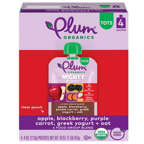 Plum Organics Apple Blackberry Purple Carrot Greek Yogurt & Oat Baby Food Pouch, 16oz, 4 Ct