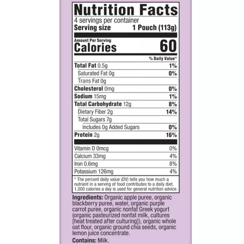 Plum Organics Apple Blackberry Purple Carrot Greek Yogurt & Oat Baby Food Pouch, 16oz, 4 Ct