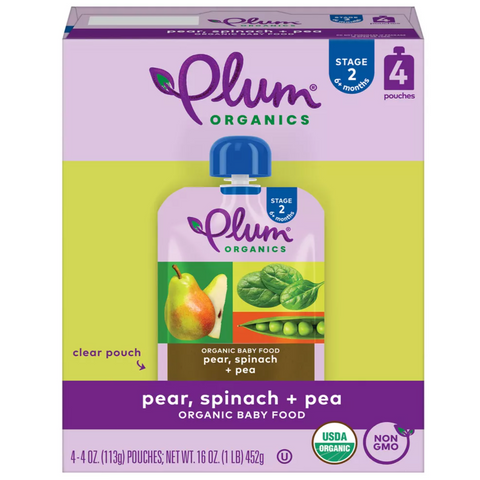 Plum Organics Pear Spinach & Pea Baby Food, 4 Count