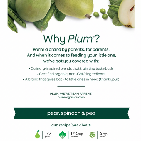 Plum Organics Pear Spinach & Pea Baby Food, 4 Count