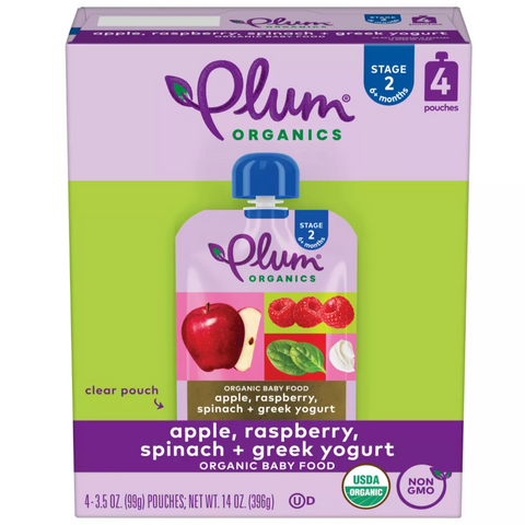 Plum Organics Apple Raspberry Spinach & Greek Yogurt Baby Food Pouches, 14oz, 4 Count