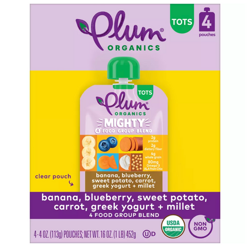 Plum Organics Mighty 4 Banana Blueberry Sweet Potato Carrot Greek Yogurt & Millet Baby Food Pouches, 16oz, 4 Count