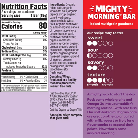 Plum Organics Mighty Morning Apple Cinnamon Bar, 0.67oz, 5 Count