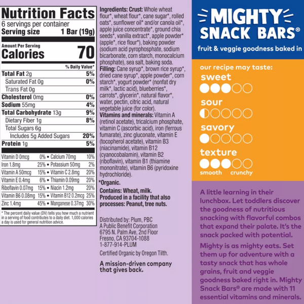 Plum Organics Mighty Snack Bars for Toddlers, Blueberry Fruit Snack Bar, 4 oz, 6 Count