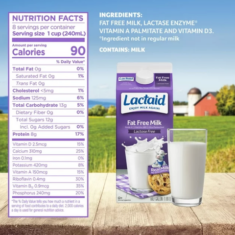 Lactaid Lactose Free Fat Free Milk, Half Gallon