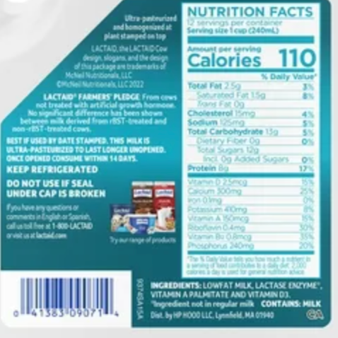 Lactaid 100% Lactose Free 1% Lowfat Milk, 96 fl oz