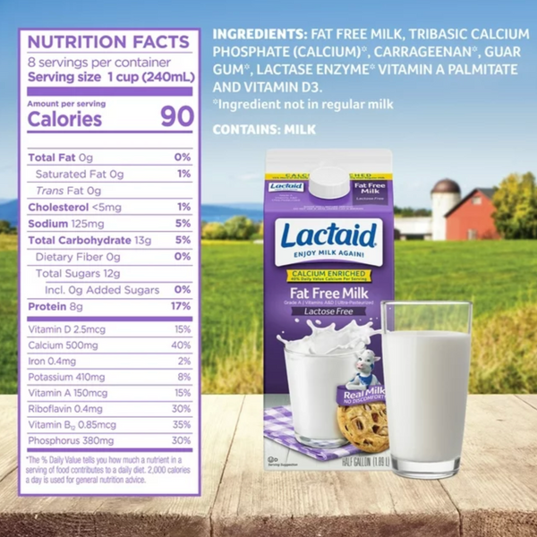 Lactaid Fat Free Milk, Calcium Enriched, Half Gallon