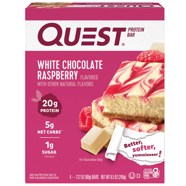 Quest Protein Bar, White Chocolate Raspberry, 20g Protein, Gluten Free, 4 Count