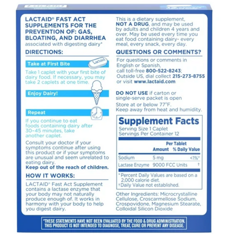 Lactaid Fast Act Lactose Intolerance Caplets, 12 Count