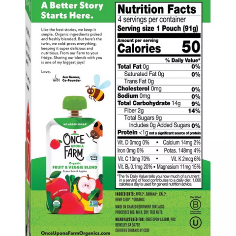 Once Upon a Farm Green Kale & Apples Organic Kids' Snack, 4oz, 4 Count