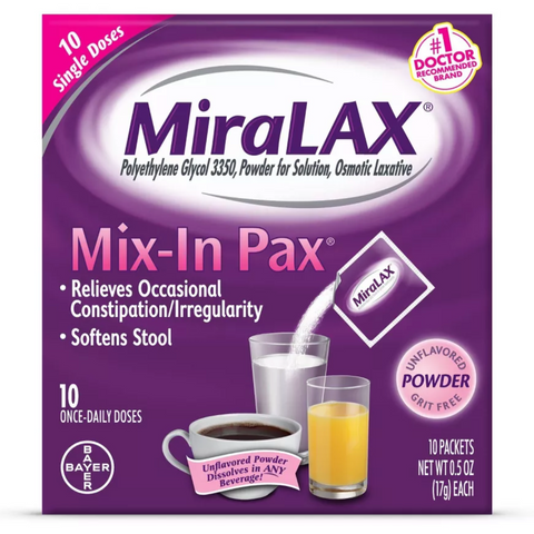 MiraLAX Mix-In Laxative Powder for Gentle Constipation Relief, Stool Softener, 10 Ct