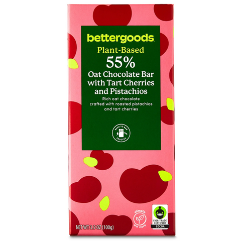 bettergoods Plant-based 55% Oat Chocolate Bar with Tart Cherries and Pistachios, 3.5 oz