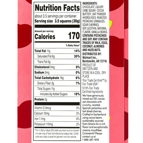 bettergoods Plant-based 55% Oat Chocolate Bar with Tart Cherries and Pistachios, 3.5 oz