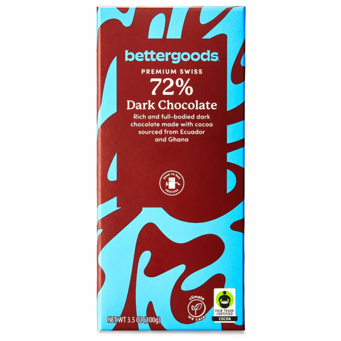 bettergoods Premium Swiss 72% Dark Chocolate Bar, 3.5 oz