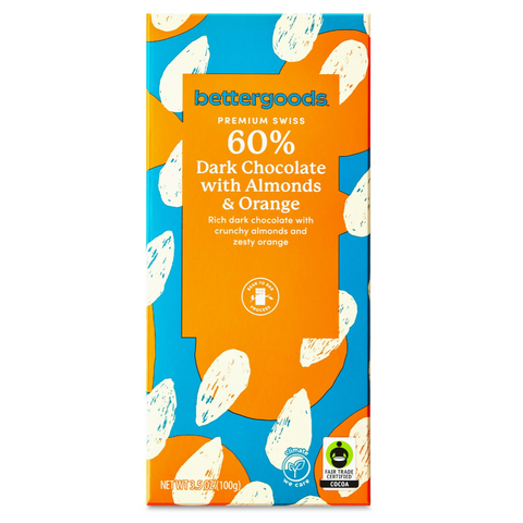 bettergoods Premium Swiss 60% Dark Chocolate Bar with Almonds & Orange, 3.5 oz