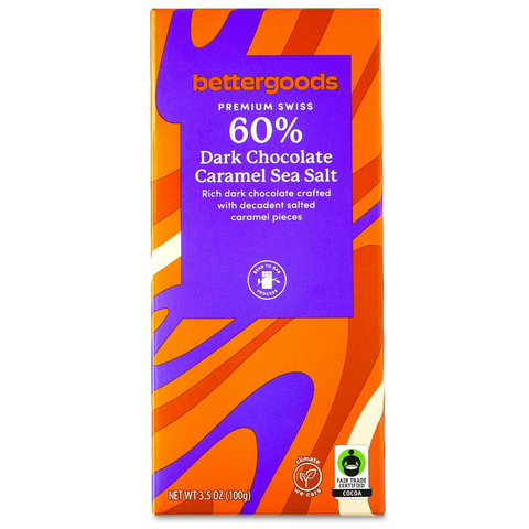 bettergoods Premium Swiss 60% Dark Chocolate Caramel Sea Salt Bar, 3.5 oz