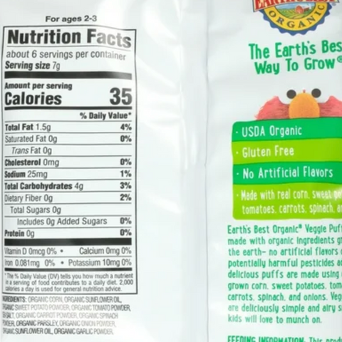 Earth's Best Organic Original Veggie Puffs Toddler Baby Snack, 1.55 oz