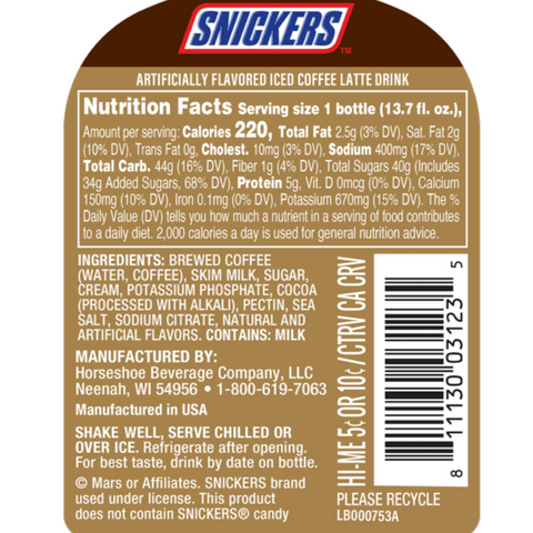 Victor Allen's Snickers Iced Coffee Latte, Ready to Drink, 13.7 oz