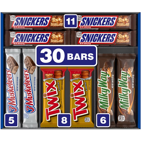 Snickers, Twix & More Chocolate Candy Bars, Full-Size Variety Pack, 30 Count