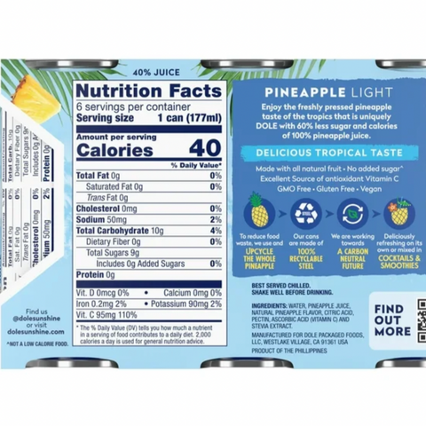 Dole Light Pineapple Juice, Canned Pineapple Juice, 6oz, 6 Count