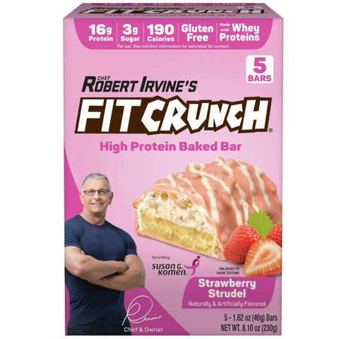 FITCRUNCH Strawberry Strudel, High Protein Baked Bar, 16g Protein, 5 Count