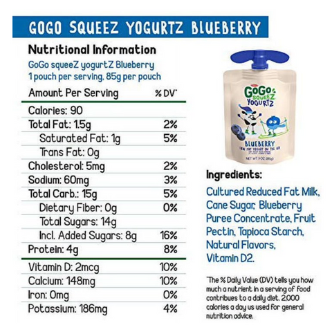 GoGo Squeez Yogurtz Blueberry Yogurt Pouch, 3 oz, 4 Count