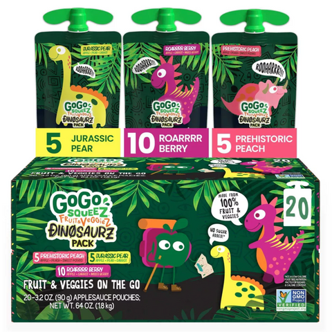 GoGo SqueeZ Fruit & VeggieZ Dino Variety Pack, 3.2oz, 20 Count