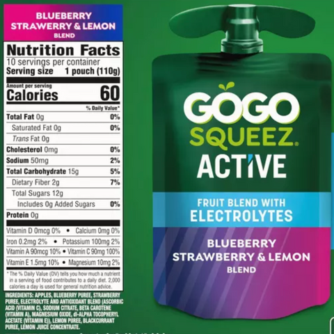 GoGo SqueeZ Active Blueberry Strawberry & Lemon Fruit Blend Variety Pack, 2.42oz, 10 Count