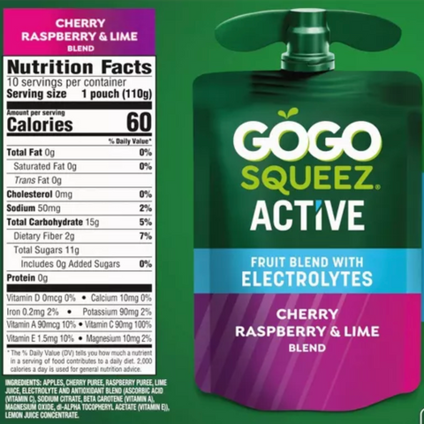 GoGo squeeZ Active Cherry Raspberry & Lime Fruit Blend Variety Pack, 2.42oz, 10 Count