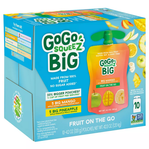 GoGo SqueeZ Big Variety Pack Apple Mango Banana Passfruit Pineapple Peach, 42.3oz, 10 Count