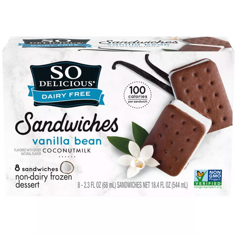 So Delicious Dairy Free Vanilla Bean Coconut Milk Frozen Dessert Sandwich, 8 Count