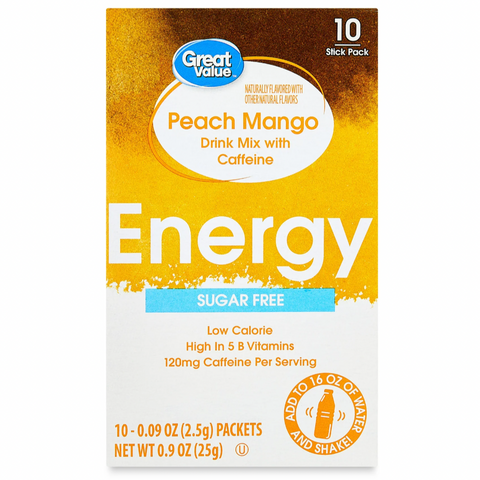 Great Value Peach Mango Energy Drink Mix, Water Flavoring, 10 Count